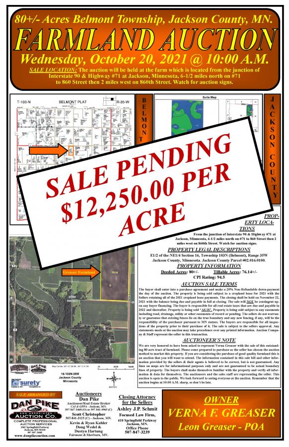 SOLD $12,250 / ACRE - Verna F. Greaser 80+/- Acre Bare Farmland Auction Belmont Township Jackson County, Minnesota. Live on site at the farm.
